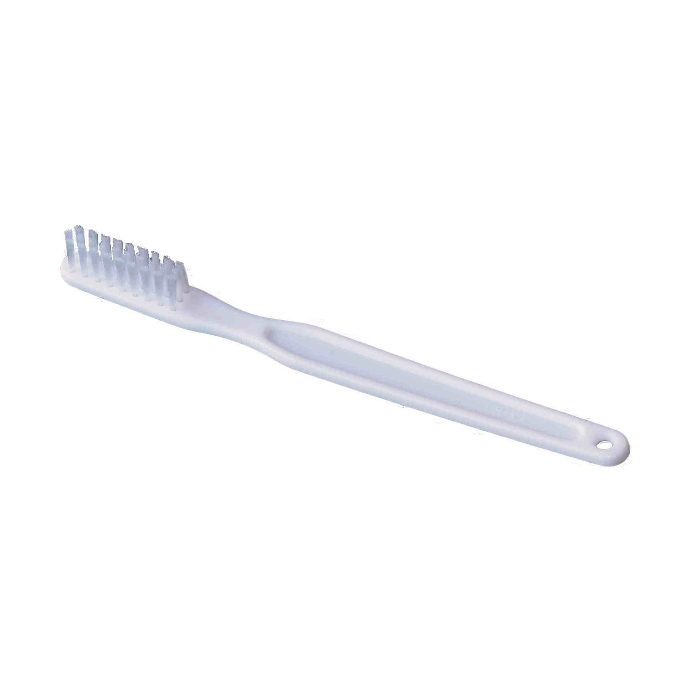 White plastic toothbrush with white bristles.
